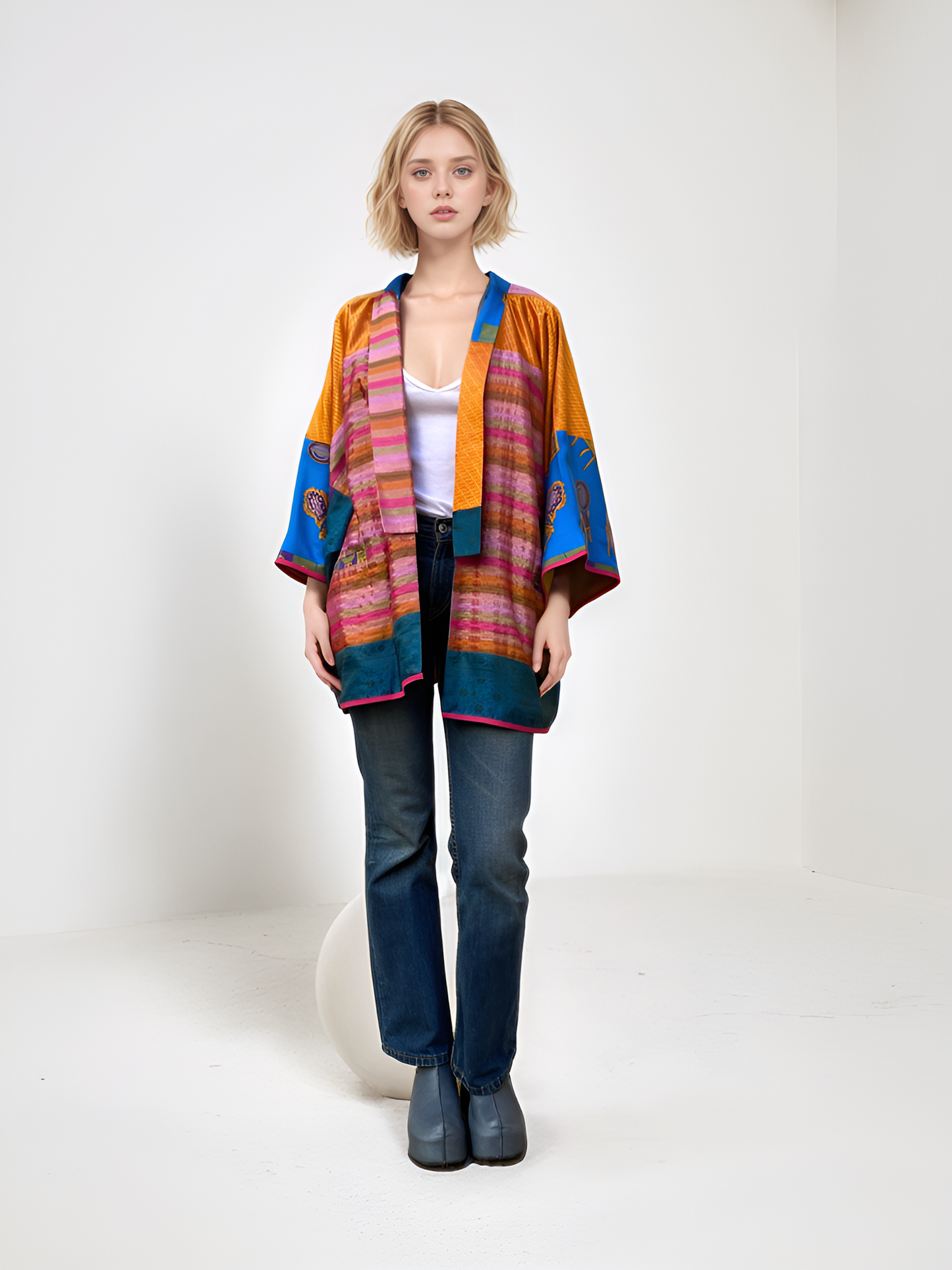 Hand-patchwork kimono Tagètes