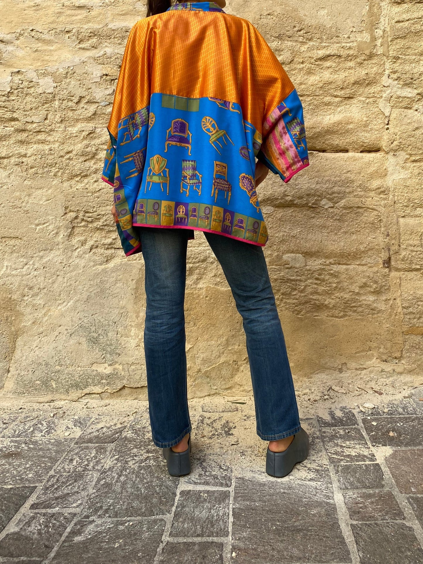Hand-patchwork kimono Tagètes
