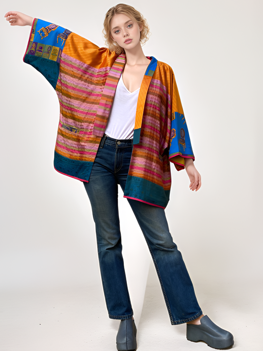 Hand-patchwork kimono Tagètes
