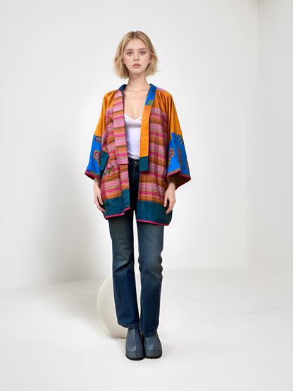 Hand-patchwork kimono Tagètes